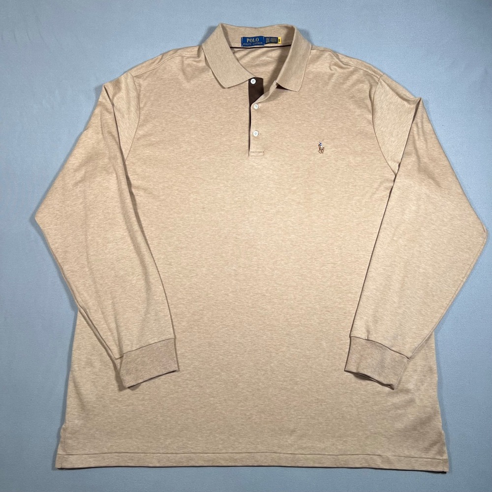 Polo Ralph Lauren Mens 2XLT Tan Soft Cotton Long Sleeve Polo Shirt Flesh Pony